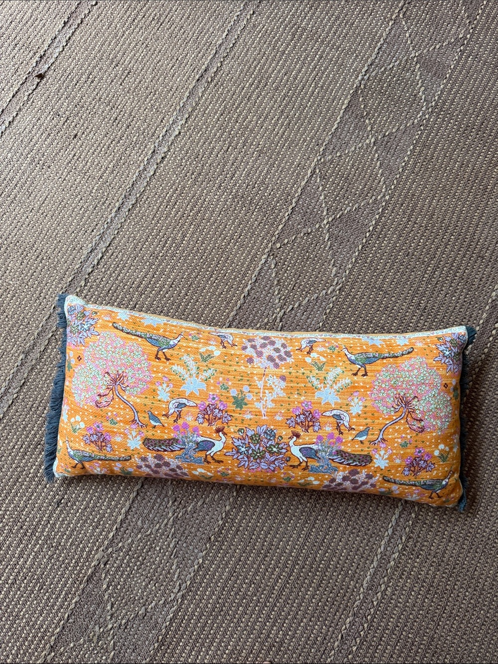 Anthropologie Orange Floral & Bird Lumbar Pillow 26”x 10”